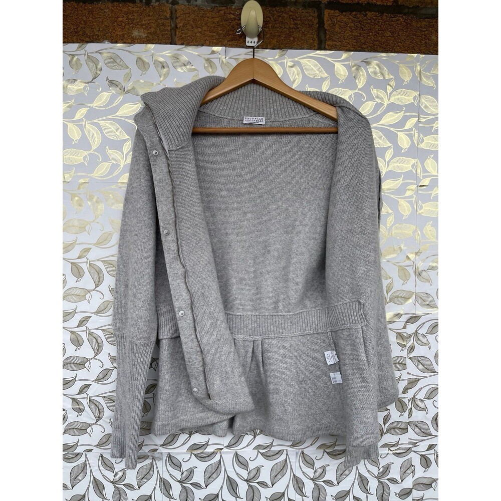 Brunello Cucinelli 100% Cashmere Gray Full Zip Peplum Cardigan Jacket large USA - Picture 11 of 12